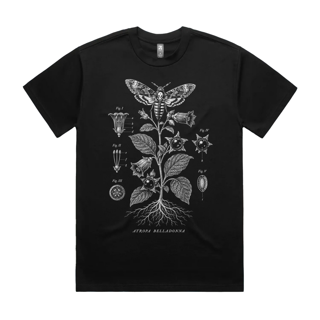 Front mockup of Vestigium XIII luxury 280 GSM heavyweight black t-shirt featuring a highly detailed botanical engraving of a deadly nightshade specimen with clean archival borders and taxonomy text markers printed in monochrome ink.