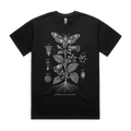 Front mockup of Vestigium XIII luxury 280 GSM heavyweight black t-shirt featuring a highly detailed botanical engraving of a deadly nightshade specimen with clean archival borders and taxonomy text markers printed in monochrome ink.