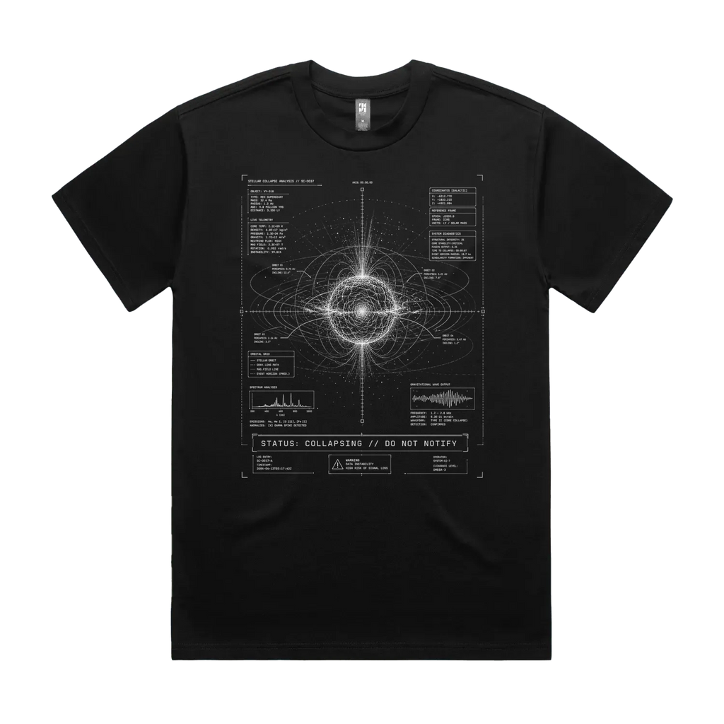 Front mockup of Vestigium XIII luxury 280 GSM heavyweight black t-shirt featuring sharp fine-line astronomical telemetry charts, orbital tracking data, and a gravitational singularity printed in monochrome ink.