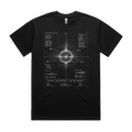 Front mockup of Vestigium XIII luxury 280 GSM heavyweight black t-shirt featuring sharp fine-line astronomical telemetry charts, orbital tracking data, and a gravitational singularity printed in monochrome ink.