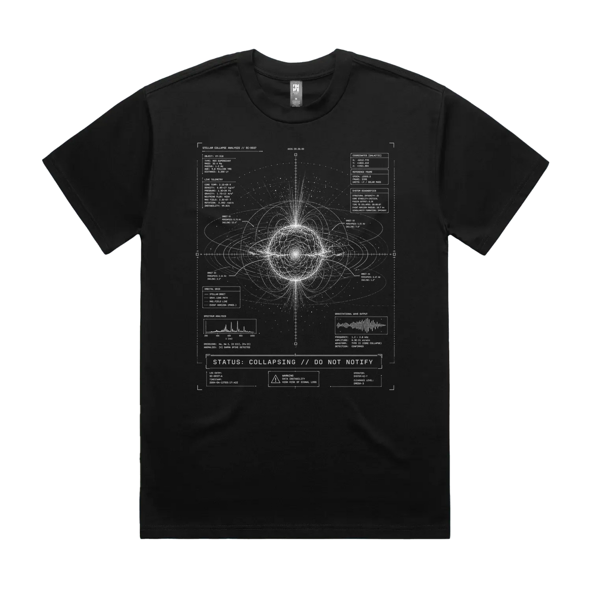 Front mockup of Vestigium XIII luxury 280 GSM heavyweight black t-shirt featuring sharp fine-line astronomical telemetry charts, orbital tracking data, and a gravitational singularity printed in monochrome ink.