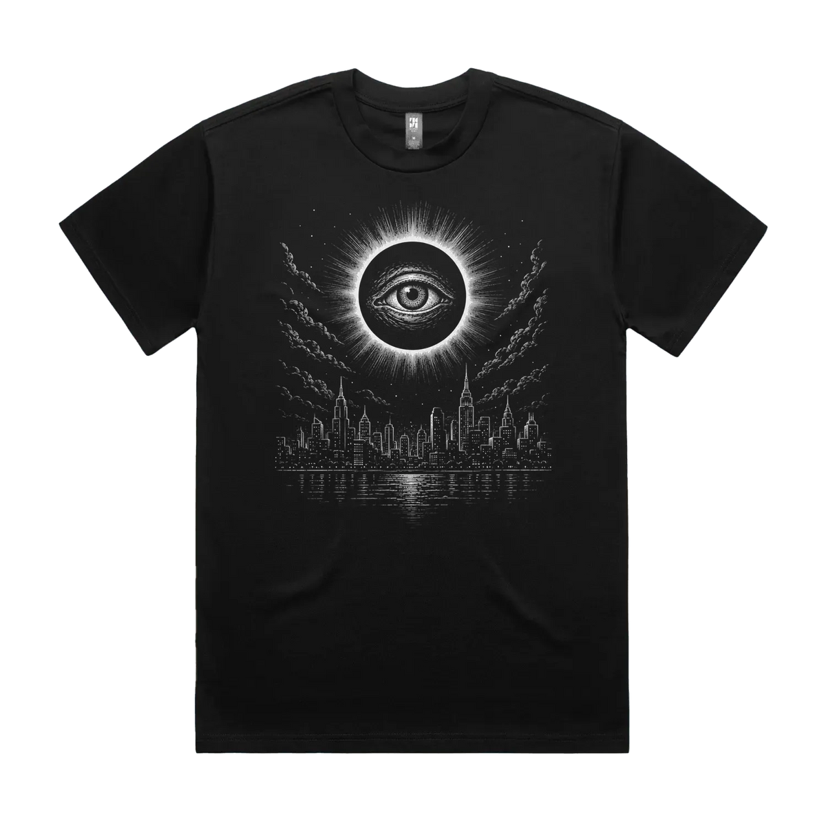 Front mockup of Vestigium XIII luxury 280 GSM heavyweight black t-shirt featuring a stark dystopian-gothic illustration of an ancient, watchful eye centred within a total solar eclipse corona looming over a silent city skyline and dark water printed in monochrome ink.