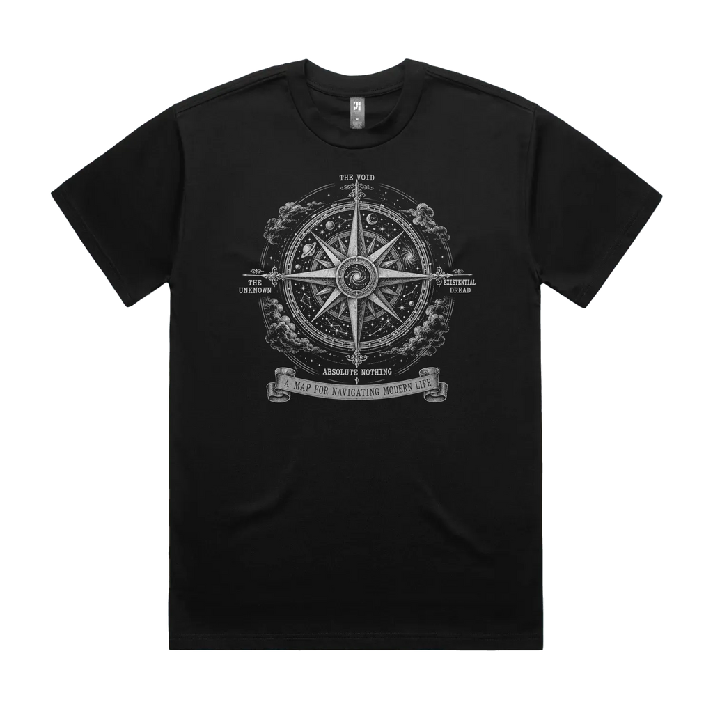 Front mockup of Vestigium XIII luxury 280 GSM heavyweight black t-shirt featuring an intricate antique mariner’s compass rose charting directional headings toward the Void, Existential Dread, Absolute Nothing, and The Unknown set against a dense starfield map printed in monochrome ink.