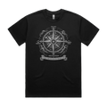Front mockup of Vestigium XIII luxury 280 GSM heavyweight black t-shirt featuring an intricate antique mariner’s compass rose charting directional headings toward the Void, Existential Dread, Absolute Nothing, and The Unknown set against a dense starfield map printed in monochrome ink.