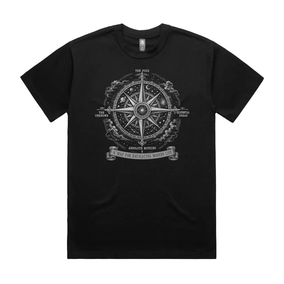 Front mockup of Vestigium XIII luxury 280 GSM heavyweight black t-shirt featuring an intricate antique mariner’s compass rose charting directional headings toward the Void, Existential Dread, Absolute Nothing, and The Unknown set against a dense starfield map printed in monochrome ink.