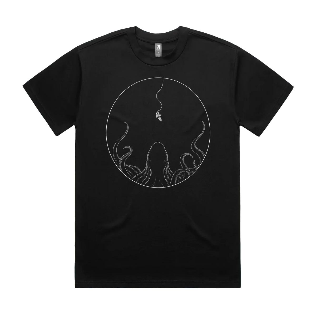 Front mockup of Vestigium XIII luxury 280 GSM heavyweight black t-shirt featuring a striking cosmic-dread illustration of a lone astronaut tethered in deep space, suspended directly above the massive silhouette of a colossal cephalopod rising from the darkness printed in monochrome ink.