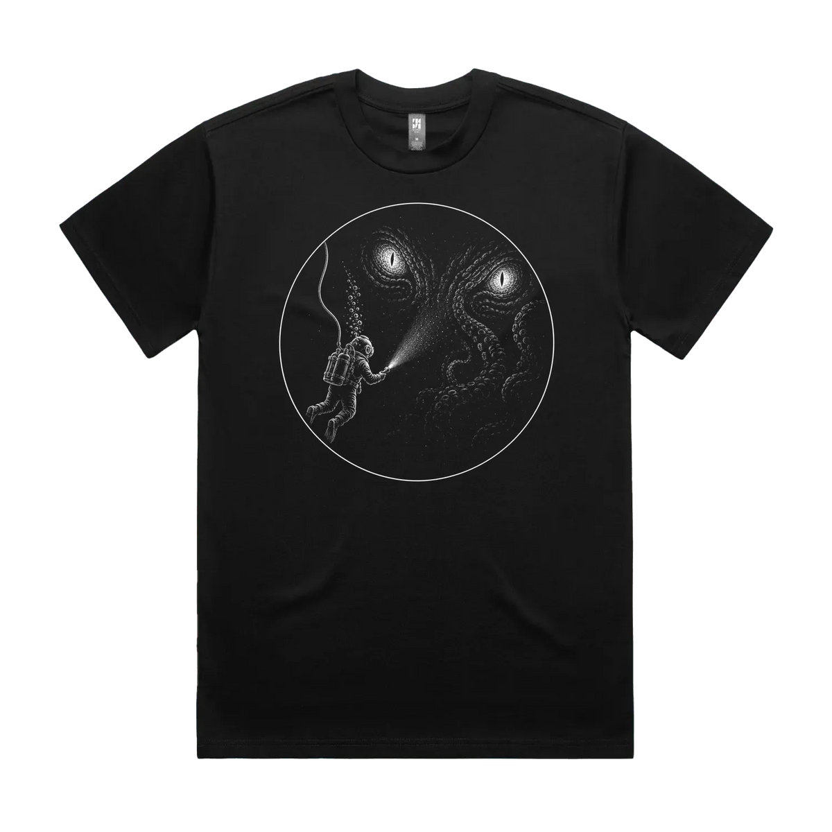 Front mockup of Vestigium XIII luxury 280 GSM heavyweight black t-shirt featuring a solitary deep-sea diver illuminated against an immense leviathan entity, rendered in meticulous stippled textures and razor-sharp fine-line detail printed in monochrome ink.