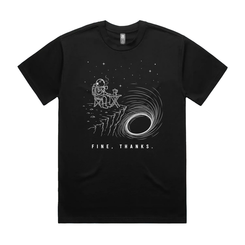 Front mockup of Vestigium XIII luxury 280 GSM heavyweight black t-shirt featuring a dry humour illustration of an astronaut drinking coffee next to a moka pot at a folding camping table on the edge of a massive black hole singularity printed in monochrome ink.