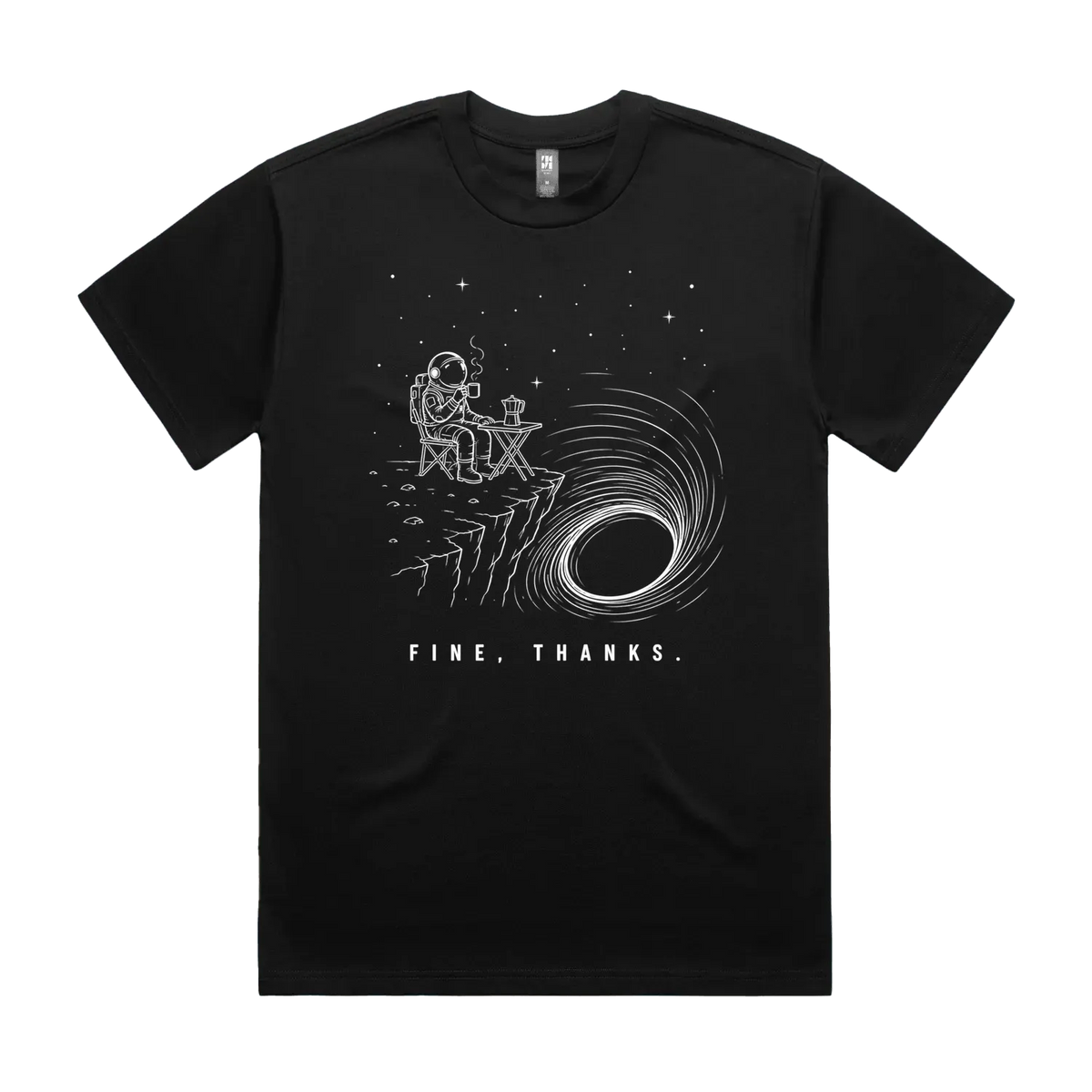 Front mockup of Vestigium XIII luxury 280 GSM heavyweight black t-shirt featuring a dry humour illustration of an astronaut drinking coffee next to a moka pot at a folding camping table on the edge of a massive black hole singularity printed in monochrome ink.