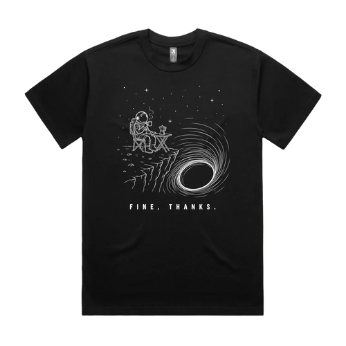 Front mockup of Vestigium XIII luxury 280 GSM heavyweight black t-shirt featuring a dry humour illustration of an astronaut drinking coffee next to a moka pot at a folding camping table on the edge of a massive black hole singularity printed in monochrome ink.