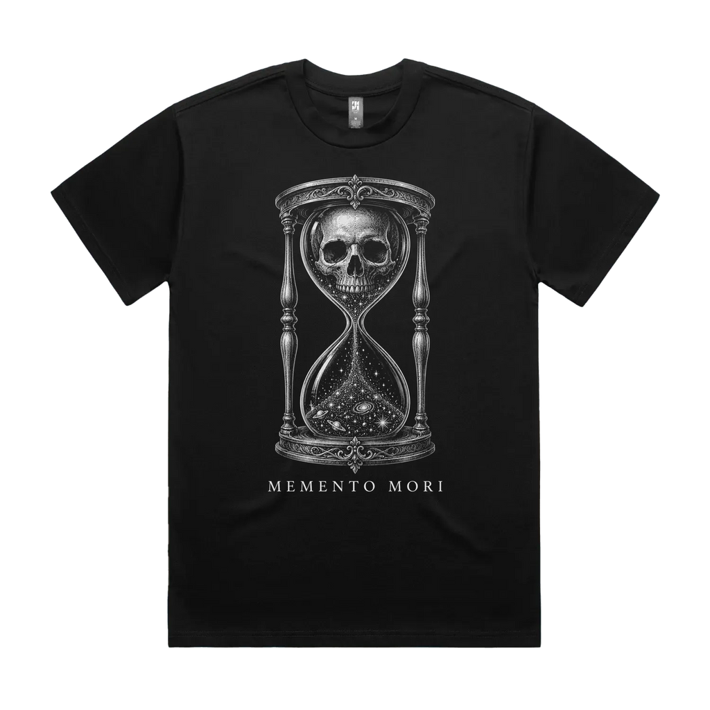 Front mockup of Vestigium XIII luxury 280 GSM heavyweight black t-shirt featuring an intricate anatomical skull suspended above a swirling cosmic vortex inside a detailed woodcut-style hourglass frame printed in monochrome ink.