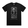 Front mockup of Vestigium XIII luxury 280 GSM heavyweight black t-shirt featuring an intricate anatomical skull suspended above a swirling cosmic vortex inside a detailed woodcut-style hourglass frame printed in monochrome ink.