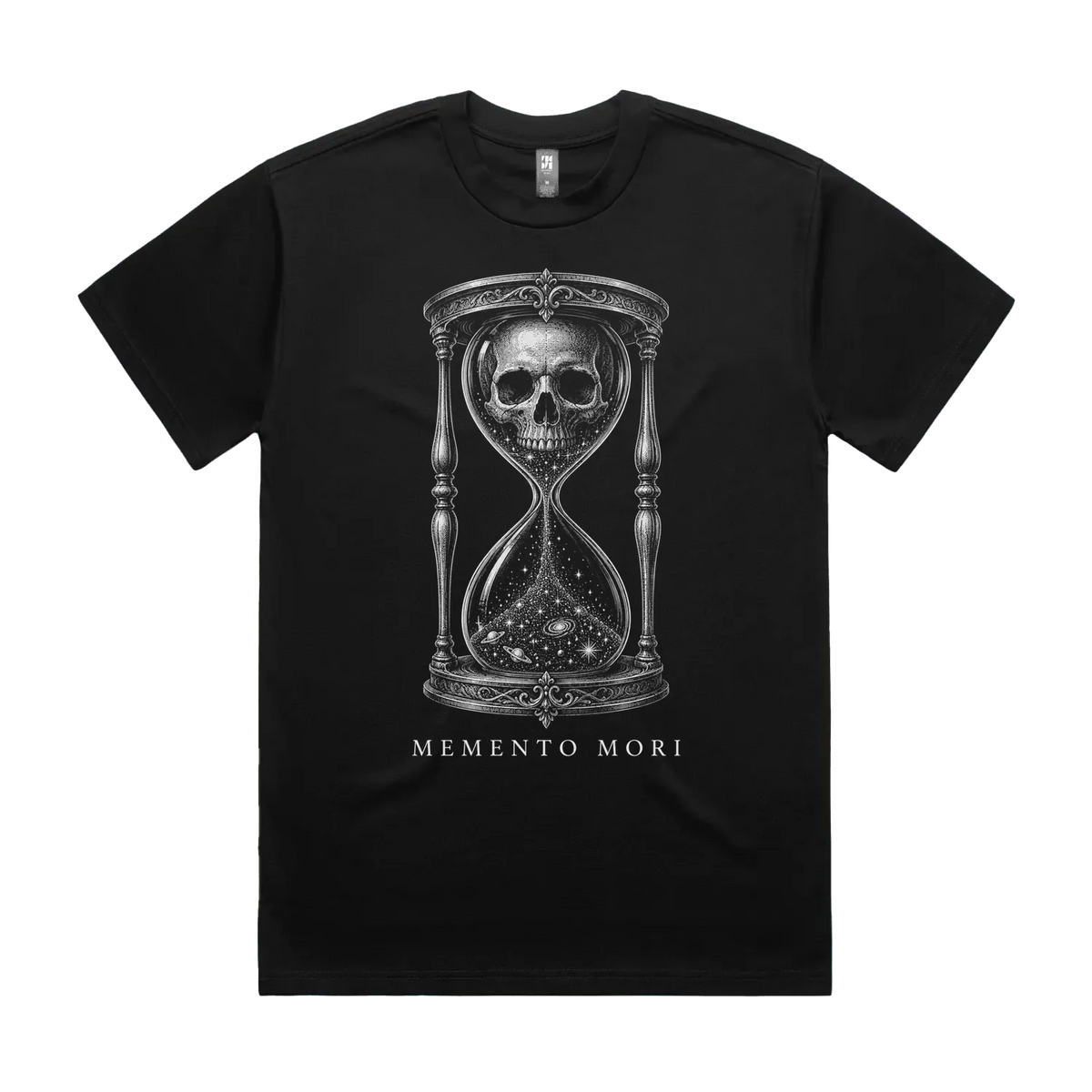 Front mockup of Vestigium XIII luxury 280 GSM heavyweight black t-shirt featuring an intricate anatomical skull suspended above a swirling cosmic vortex inside a detailed woodcut-style hourglass frame printed in monochrome ink.