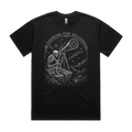 Front mockup of Vestigium XIII luxury 280 GSM heavyweight black t-shirt featuring a vintage astronomical-gothic illustration of a skeletal astronomer seated at a cliffside telescope, gazing past swirling galaxies inside an arched frame printed in monochrome ink.