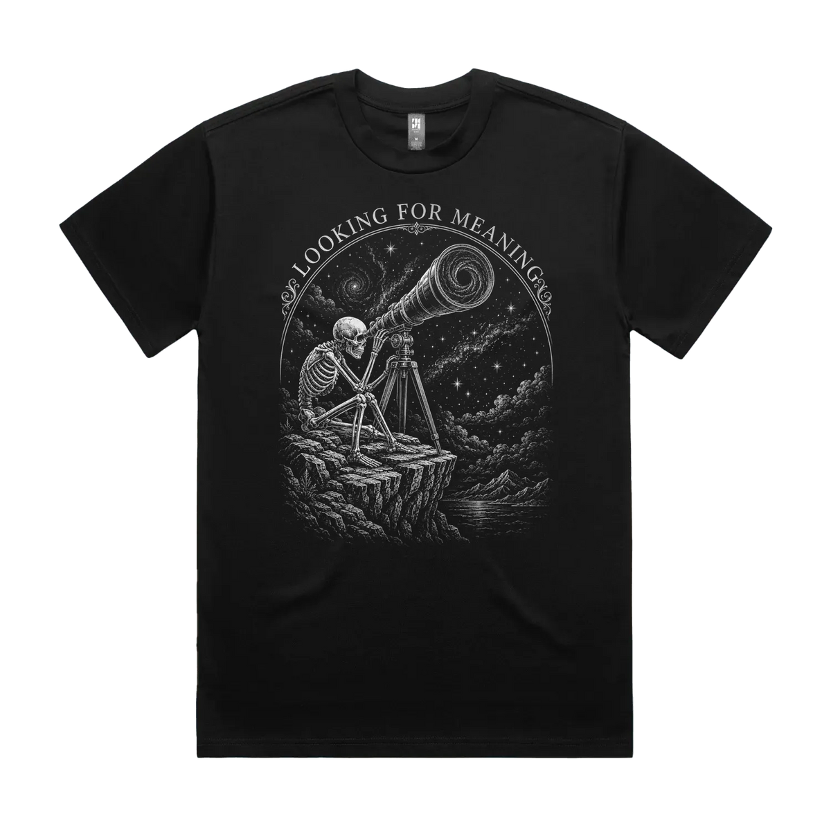 Front mockup of Vestigium XIII luxury 280 GSM heavyweight black t-shirt featuring a vintage astronomical-gothic illustration of a skeletal astronomer seated at a cliffside telescope, gazing past swirling galaxies inside an arched frame printed in monochrome ink.