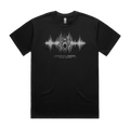 Front mockup of Vestigium XIII luxury 280 GSM heavyweight black t-shirt featuring a raw technical-noise illustration of a three-eyed agonized screaming entity emerging through distorted audio frequency telemetry lines and warning protocol markers printed in monochrome ink.