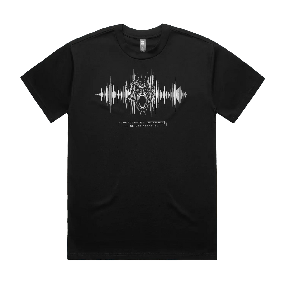 Front mockup of Vestigium XIII luxury 280 GSM heavyweight black t-shirt featuring a raw technical-noise illustration of a three-eyed agonized screaming entity emerging through distorted audio frequency telemetry lines and warning protocol markers printed in monochrome ink.
