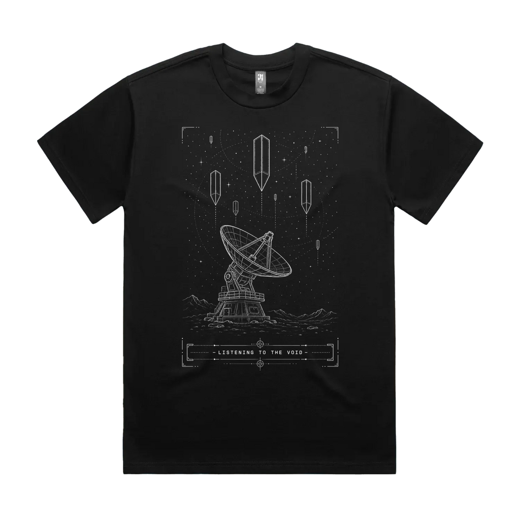 Front mockup of Vestigium XIII luxury 280 GSM heavyweight black t-shirt featuring a technical sci-fi blueprint schematic of a high-gain satellite communications dish array stationed on a barren landscape under hovering geometric monoliths printed in monochrome ink.
