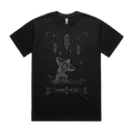 Front mockup of Vestigium XIII luxury 280 GSM heavyweight black t-shirt featuring a technical sci-fi blueprint schematic of a high-gain satellite communications dish array stationed on a barren landscape under hovering geometric monoliths printed in monochrome ink.