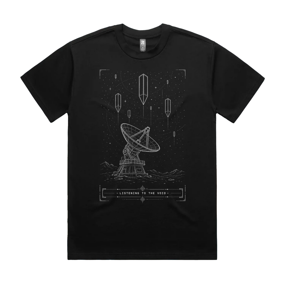 Front mockup of Vestigium XIII luxury 280 GSM heavyweight black t-shirt featuring a technical sci-fi blueprint schematic of a high-gain satellite communications dish array stationed on a barren landscape under hovering geometric monoliths printed in monochrome ink.