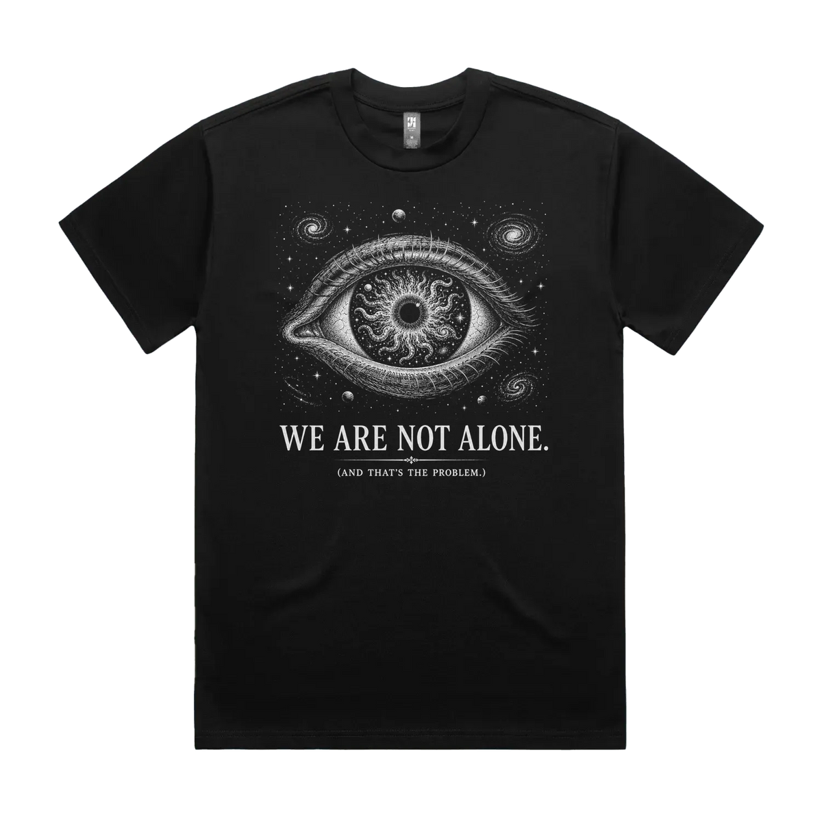 Front mockup of Vestigium XIII luxury 280 GSM heavyweight black t-shirt featuring a cosmic existential-horror illustration of an immense, detailed eye framed by orbiting galaxies and an iris filled with writhing eldritch tentacles printed in monochrome ink.