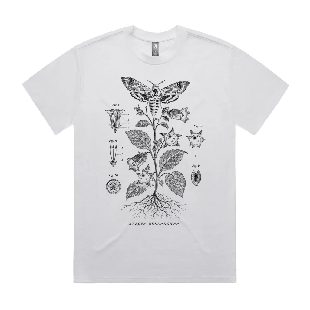 Front mockup of Vestigium XIII luxury 280 GSM heavyweight white t-shirt featuring a highly detailed botanical engraving of a deadly nightshade specimen with clean archival borders and taxonomy text markers printed in monochrome ink.