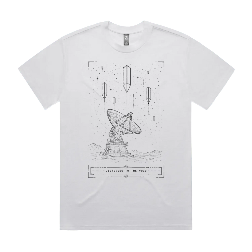 Front mockup of Vestigium XIII luxury 280 GSM heavyweight white t-shirt featuring a technical sci-fi blueprint schematic of a high-gain satellite communications dish array stationed on a barren landscape under hovering geometric monoliths printed in monochrome ink.