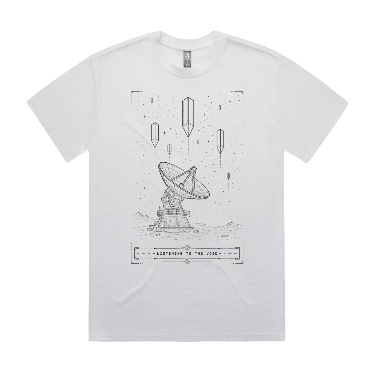 Front mockup of Vestigium XIII luxury 280 GSM heavyweight white t-shirt featuring a technical sci-fi blueprint schematic of a high-gain satellite communications dish array stationed on a barren landscape under hovering geometric monoliths printed in monochrome ink.