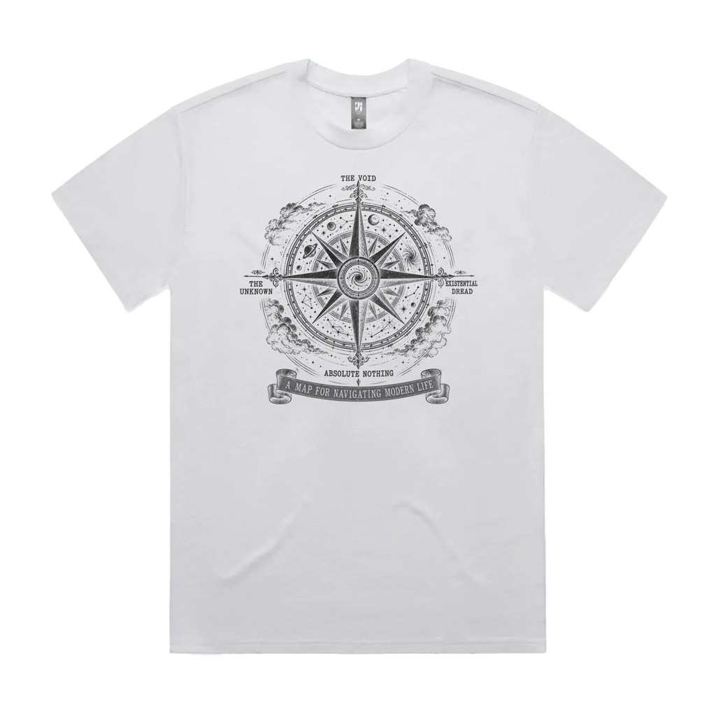 Front mockup of Vestigium XIII luxury 280 GSM heavyweight white t-shirt featuring an intricate antique mariner’s compass rose charting directional headings toward the Void, Existential Dread, Absolute Nothing, and The Unknown set against a dense starfield map printed in monochrome ink.