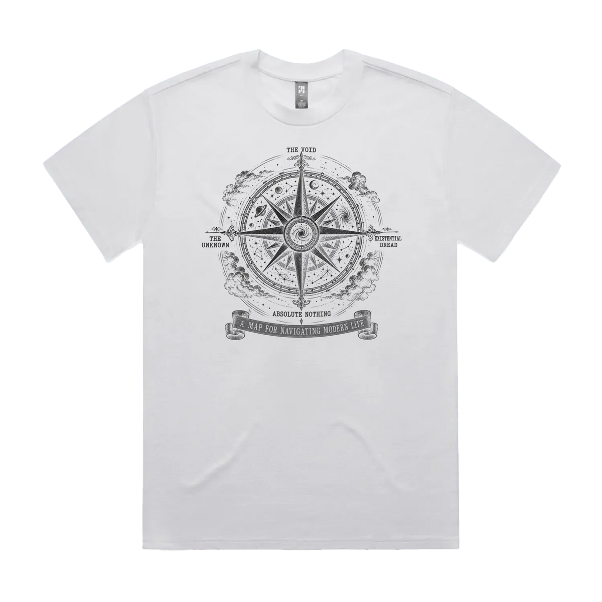 Front mockup of Vestigium XIII luxury 280 GSM heavyweight white t-shirt featuring an intricate antique mariner’s compass rose charting directional headings toward the Void, Existential Dread, Absolute Nothing, and The Unknown set against a dense starfield map printed in monochrome ink.