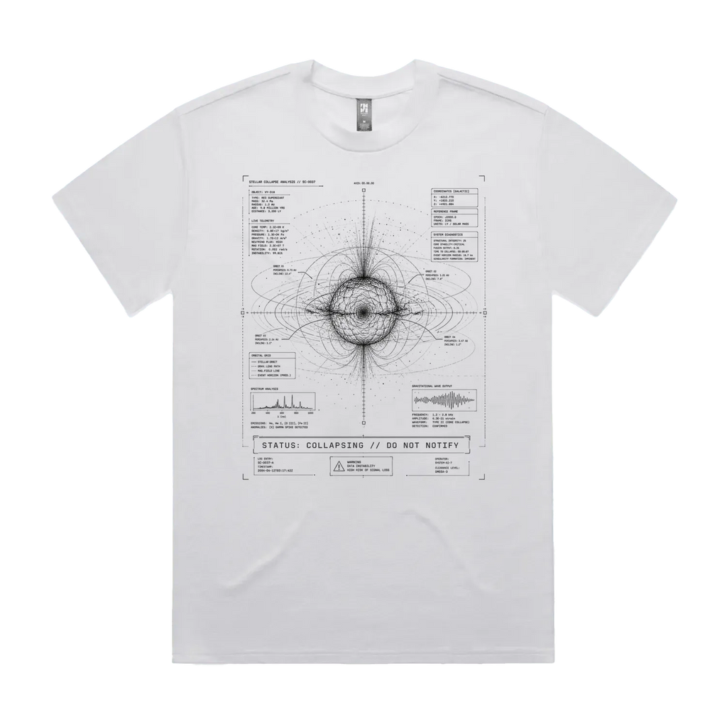 Front mockup of Vestigium XIII luxury 280 GSM heavyweight white t-shirt featuring sharp fine-line astronomical telemetry charts, orbital tracking data, and a gravitational singularity printed in monochrome ink.