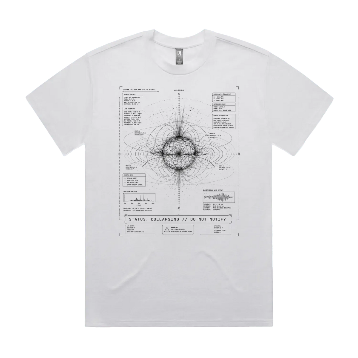 Front mockup of Vestigium XIII luxury 280 GSM heavyweight white t-shirt featuring sharp fine-line astronomical telemetry charts, orbital tracking data, and a gravitational singularity printed in monochrome ink.