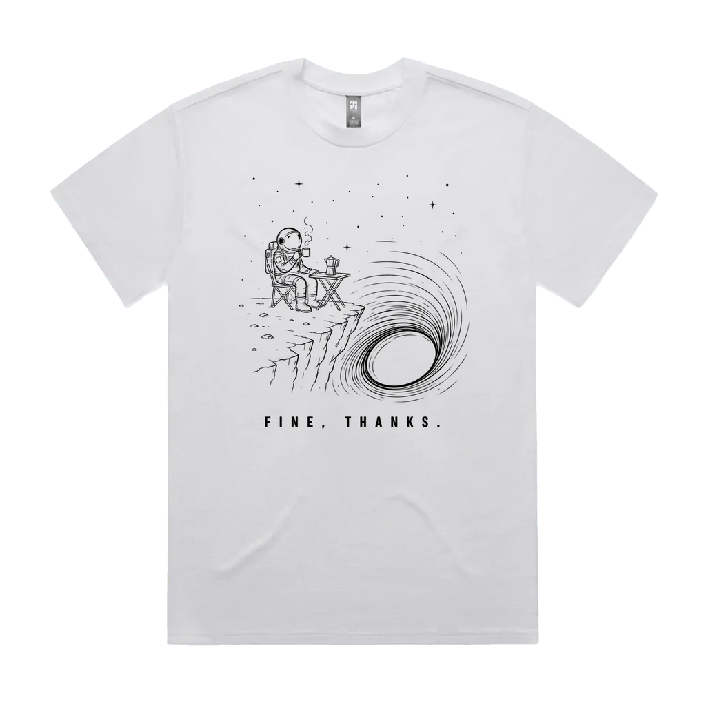 Front mockup of Vestigium XIII luxury 280 GSM heavyweight white t-shirt featuring a dry humour illustration of an astronaut drinking coffee next to a moka pot at a folding camping table on the edge of a massive black hole singularity printed in monochrome ink.