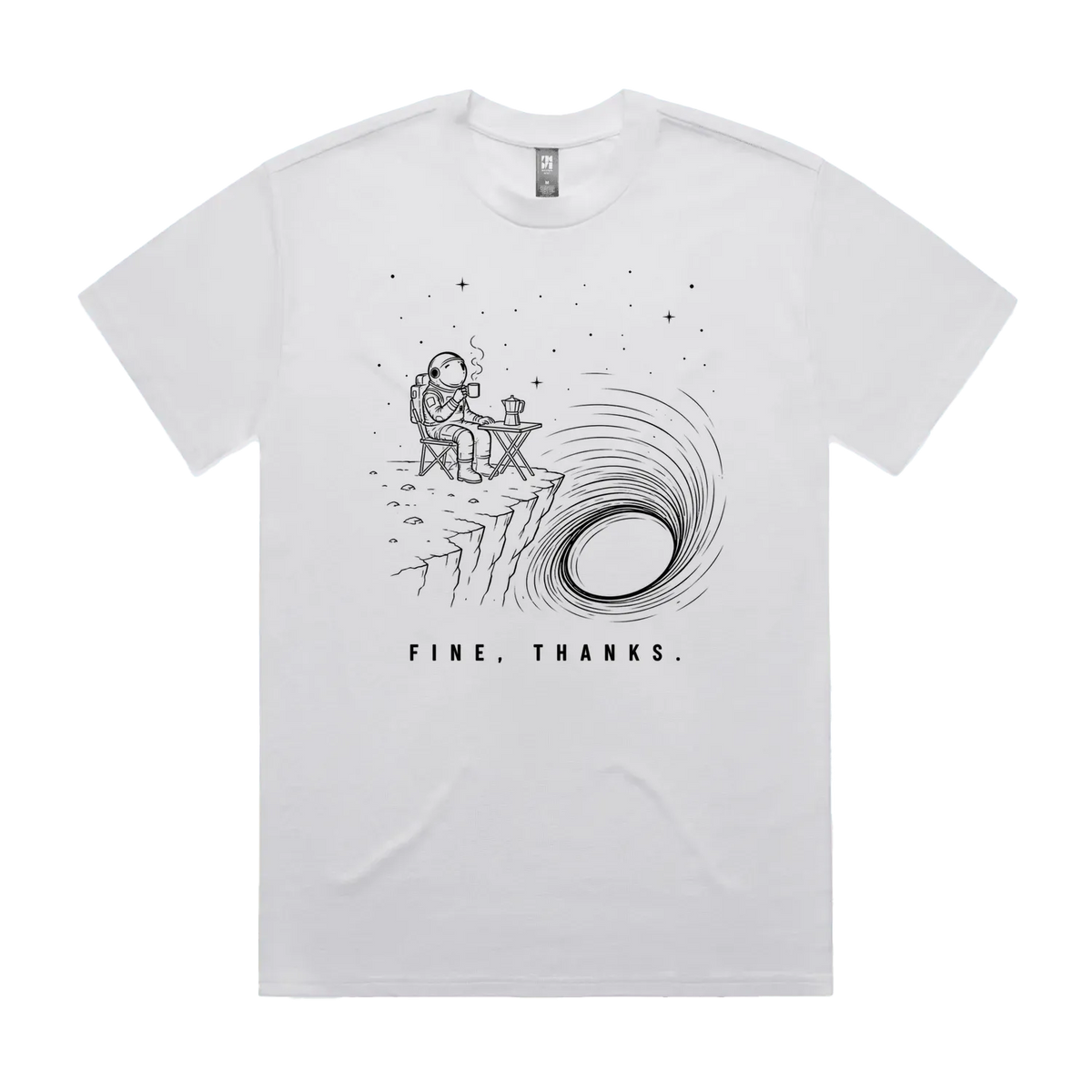 Front mockup of Vestigium XIII luxury 280 GSM heavyweight white t-shirt featuring a dry humour illustration of an astronaut drinking coffee next to a moka pot at a folding camping table on the edge of a massive black hole singularity printed in monochrome ink.
