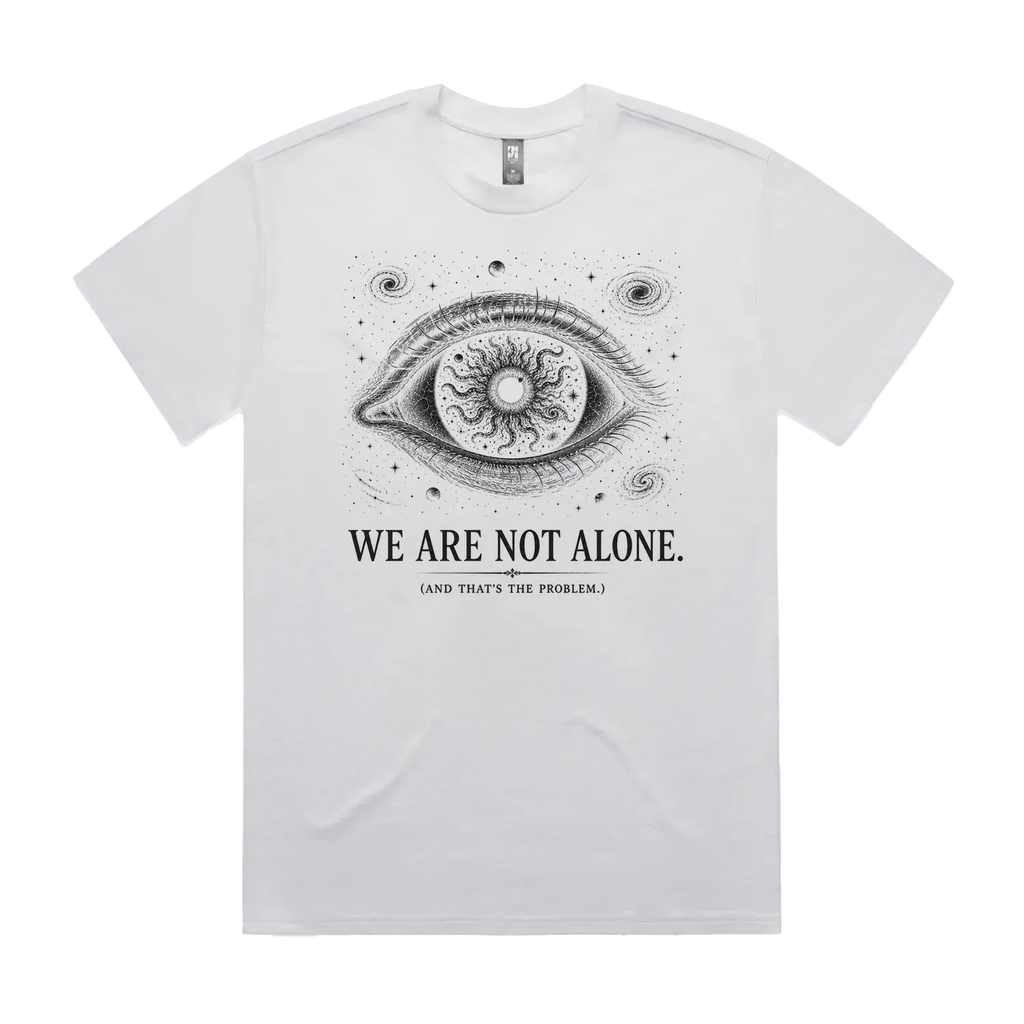 Front mockup of Vestigium XIII luxury 280 GSM heavyweight white t-shirt featuring a cosmic existential-horror illustration of an immense, detailed eye framed by orbiting galaxies and an iris filled with writhing eldritch tentacles printed in monochrome ink.