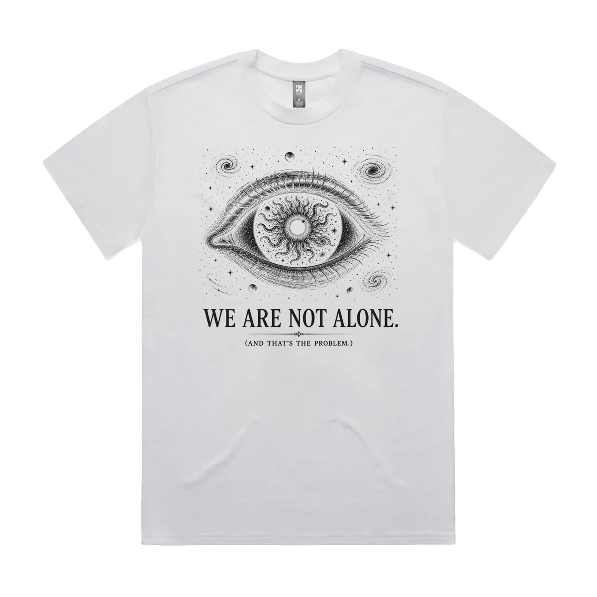 Front mockup of Vestigium XIII luxury 280 GSM heavyweight white t-shirt featuring a cosmic existential-horror illustration of an immense, detailed eye framed by orbiting galaxies and an iris filled with writhing eldritch tentacles printed in monochrome ink.