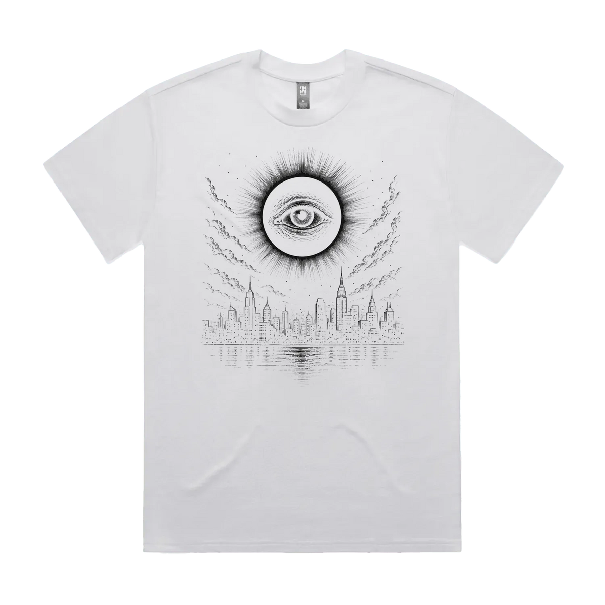 Front mockup of Vestigium XIII luxury 280 GSM heavyweight white t-shirt featuring a stark dystopian-gothic illustration of an ancient, watchful eye centred within a total solar eclipse corona looming over a silent city skyline and dark water printed in monochrome ink.