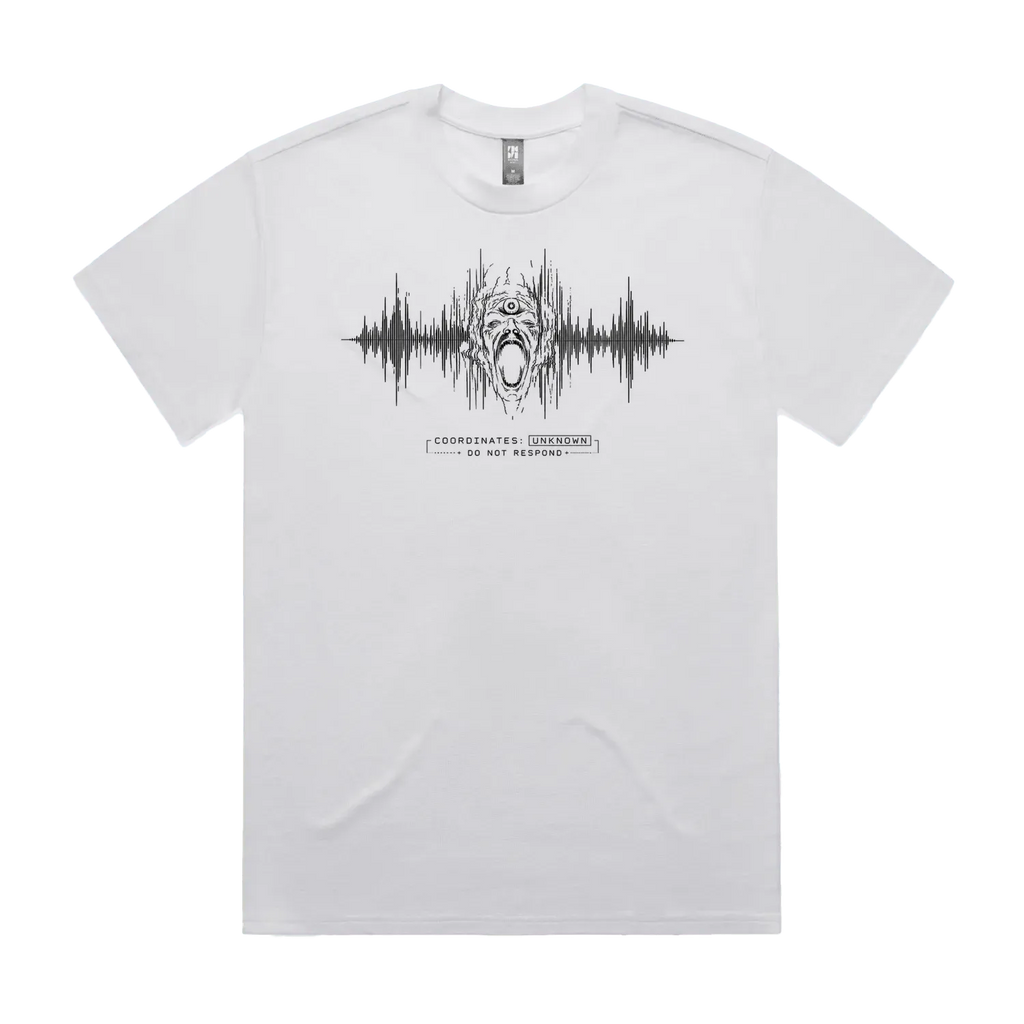 Front mockup of Vestigium XIII luxury 280 GSM heavyweight white t-shirt featuring a raw technical-noise illustration of a three-eyed agonized screaming entity emerging through distorted audio frequency telemetry lines and warning protocol markers printed in monochrome ink.