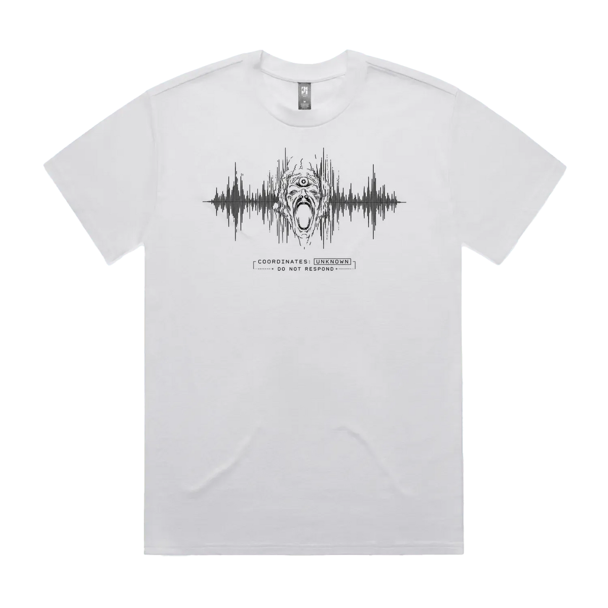 Front mockup of Vestigium XIII luxury 280 GSM heavyweight white t-shirt featuring a raw technical-noise illustration of a three-eyed agonized screaming entity emerging through distorted audio frequency telemetry lines and warning protocol markers printed in monochrome ink.